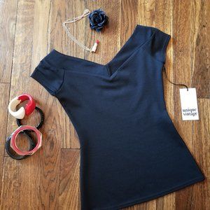 NWT Unique Vintage Black Stretch V-Neck Deena Top